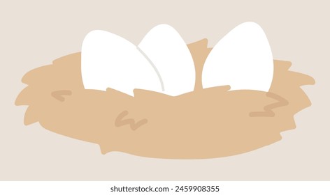 Chicken eggs in straw nest in flat design. Countryside poultry farm. Vector illustration isolated.