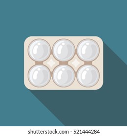 Chicken eggs in a tray flat icon with long shadow isolated on blue background.
