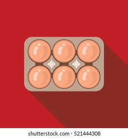 Chicken eggs in a tray flat icon with long shadow isolated on red background.