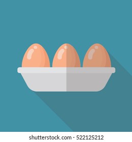 Chicken eggs in a tray flat icon with long shadow isolated on blue background.