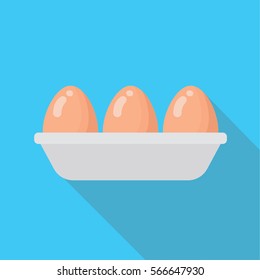 Chicken eggs in a tray flat style with long shadow isolated on blue background. Breakfast elements vector sign symbol