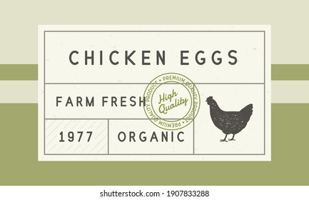 Chicken eggs trendy vintage label. Label for egg packaging. Box packaging template with hen silhouette. Vintage fresh chicken eggs logo, tag, label. Retro hipster design. Vector illustration