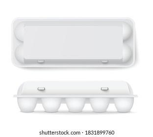 Chicken eggs white plastic or cardboard packaging 3d mockup. Package for retail in shops template, realistic vector illustration isolated white background