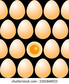 Chicken eggs white, symmetrically located. One egg cut in half. Seamless pattern on a black background