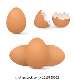Chicken eggs, whole and broken. Vector 3d illustrarion isolated on white background
