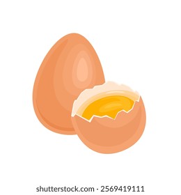 Chicken eggs whole and half of egg with yolk. Vector cartoon flat illustration. Healthy food icon