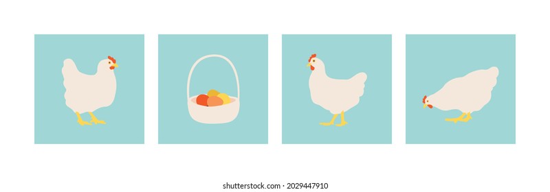 Chicken and eggs in wicker basket. Flat white chickens. Set of vector illustrations for design.