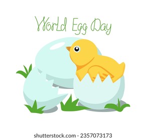  Chicken and eggs. World Egg Day.   Eggshell. Calligraphy lettering. Vector illustration, background isolated.