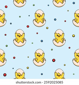 Chicken in an eggshell. Easter seamless pattern. Vector illustration for wrapping paper, print, fabric, greeting card