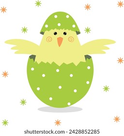 
Chicken in an eggshell. 
Vector character in flat style.