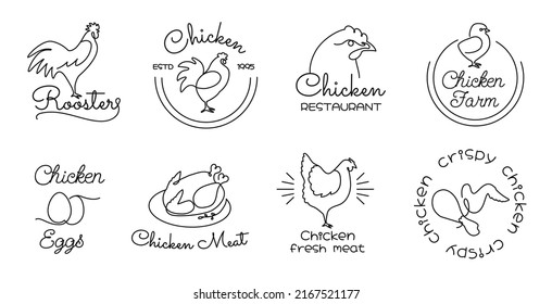 Chicken emblem. Eggs and meat labels for bird farm and food restaurant branding vector set. Illustration of farm logo animal, organic chicken and poultry graphic