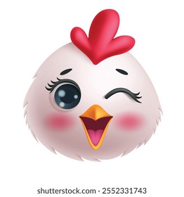 Chicken emoji 3d clipart personagem. Emoji frango em sorriso bonito, piscando, feliz, corado, tímido e sorridente expressão facial elementos gráficos. Ilustração de vetor emoticon chick clip art. 
