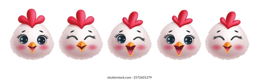 Chicken emoji clipart characters set. Emojis 3d cute chicks collection in happy, shy, blush, winking, adorable and smiling facial expression bird graphic elements. Vector illustration chicken emoticon