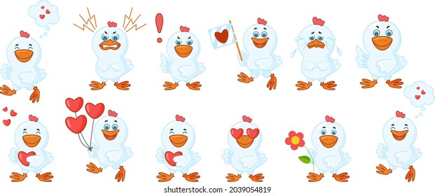 chicken emotion set. collection of little birds face expressiones