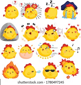 Chicken with emotions in color, vector.