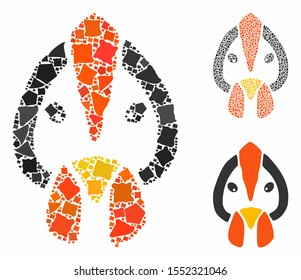 Chicken face composition of rough items in different sizes and color tinges, based on chicken face icon. Vector joggly items are united into composition.