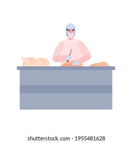 Chicken Factory Worker Cuts Chicken Carcasses, Vector Illustration Isolated.