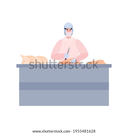 Chicken factory worker cuts chicken carcasses, vector illustration isolated.