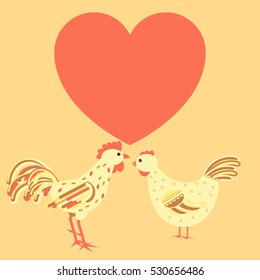 Chicken family card template with both rooster and hen in love and heart shape free for text. Stock vector illustration for greeting card design, banner on love, saint valentine theme.
