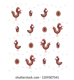 chicken family - cock, chicken, chicken and egg with traces- vector illustration - isolated objects on white background