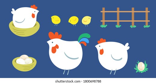 Chicken family. Cockerel, chicken and chicks. Set of elements on a classic blue  background. In cartoon simple style. Vector flat illustration.