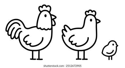 Chicken family doodle drawing set. Rooster, hen and baby chick. Simple cartoon line icon. Cute hand drawn vector illustration.