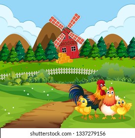 Chicken family at farmland illustration