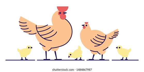 Chicken family flat vector illustration. Isolated orange rooster, hen and yellow cute chicks. Hennery, poultry farm, bird breeding cartoon design elements with outline. Chicken meat production