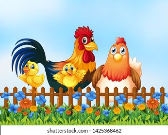 Chicken family in the garden illustration
