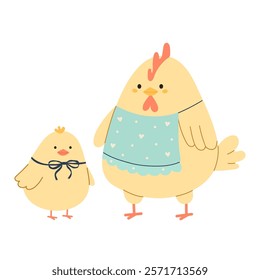 Chicken family, hen mother with yellow baby chick