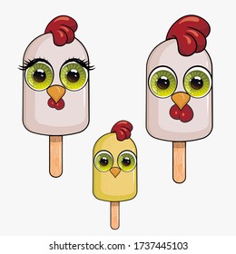 Chicken family ice cream with very big eyes. Cute animals eskimo