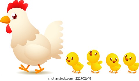 Chicken family, with mother leading her four yellow chicken babies vector illustration. 