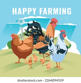 chicken family on a green meadow against a background of trees and sky. Domestic birds. Farm, ranch, agriculture. Vector flat illustration
