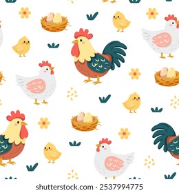 Chicken family pattern vector illustration on white background. Pattern featuring roosters, hens, chicks, nests with eggs, and flowers. Perfect for children’s designs and farm-themed projects.