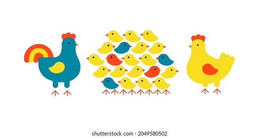 Chicken family. Rooster, hen and bunch of cute newly hatched chicks. Flat vector illustration isolated on white.