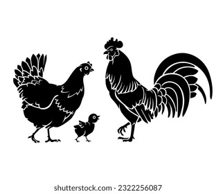 Chicken Family Silhouette, Hen, Rooster and Chick