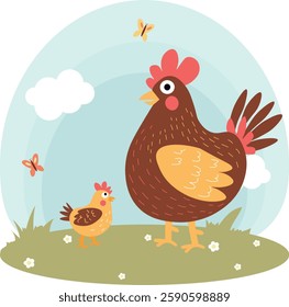 Chicken with chicken. Farm animals with landscape - cardboard vector illustration