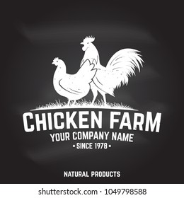 Chicken Farm Badge or Label on the chalkboard. Vector illustration. Vintage typography design with chickens silhouette. Elements on the theme of the chicken farming business. Farm insignia and patches