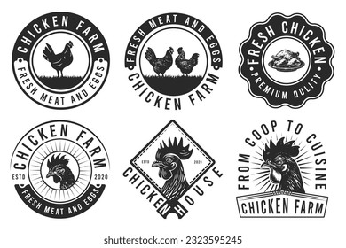  Chicken Farm Badge or Label. Chicken rooster poultry farm vintage badge logo design inspiration. Elements on the theme of the chicken, pork, and milk farming business.