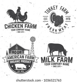 Chicken Farm Badge or Label. Vector illustration. Vintage typography design with chickens, cow and pig silhouette. Elements on the theme of the chicken, pork and milk farming business.