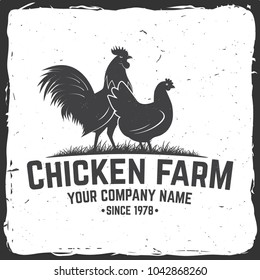 Chicken Farm Badge or Label. Vector illustration. Vintage typography design with chickens silhouette. Elements on the theme of the chicken farming business. Farm insignia and patches isolated on white