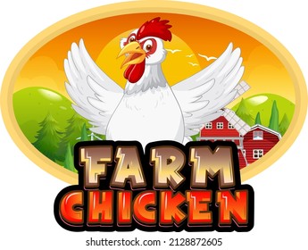 Chicken farm banner with white chicken cartoon character illustration