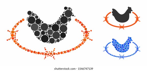 Chicken farm composition of small circles in variable sizes and color tints, based on chicken farm icon. Vector filled circles are grouped into blue illustration.