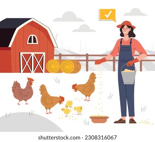 Chicken farm concept. Woman in uniform with bucket feeds birds with grain. Farming and agriculture. Cattle at fence. Rural village. Female farmer feeding chicks. Cartoon flat vector illustration