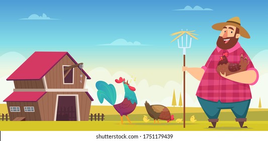 Chicken farm. Eco hens and roosters breeding industry domestic birds production vector cartoon background