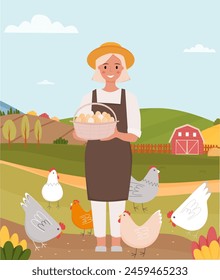 Chicken farm. Farmer holds a basket with eggs in her hands on the countryside background. There are some hens near the farmer. Vector illustration.