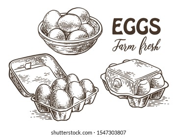 Chicken farm fresh eggs. Vector set of sketch design elements, isolated on white background. Vector hand drawn vintage engraving illustration for poster, label and menu shop