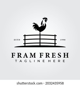 chicken farm fresh vintage harvest logo vector illustration design graphic, rooster standing on the fence