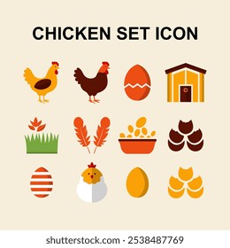 Chicken Farm Icons Set with Eggs and Feathers