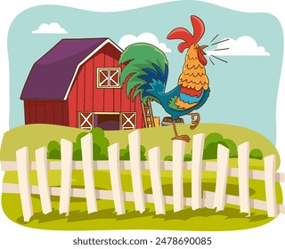 Chicken farm illustration with cock, hen, wooden perch, eggs, green bush and grass. Poultry organic farming background with chicken, rooster in cartoon flat style. Kids nature vector illustration